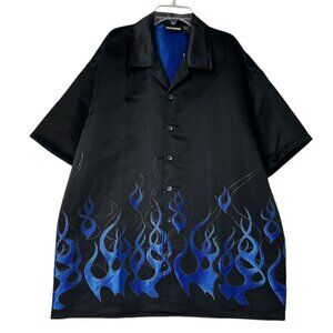 NWT Vintage ODO XL Black Shirt Blue Flames Short Sleeve Button Up Fire 90s y2K